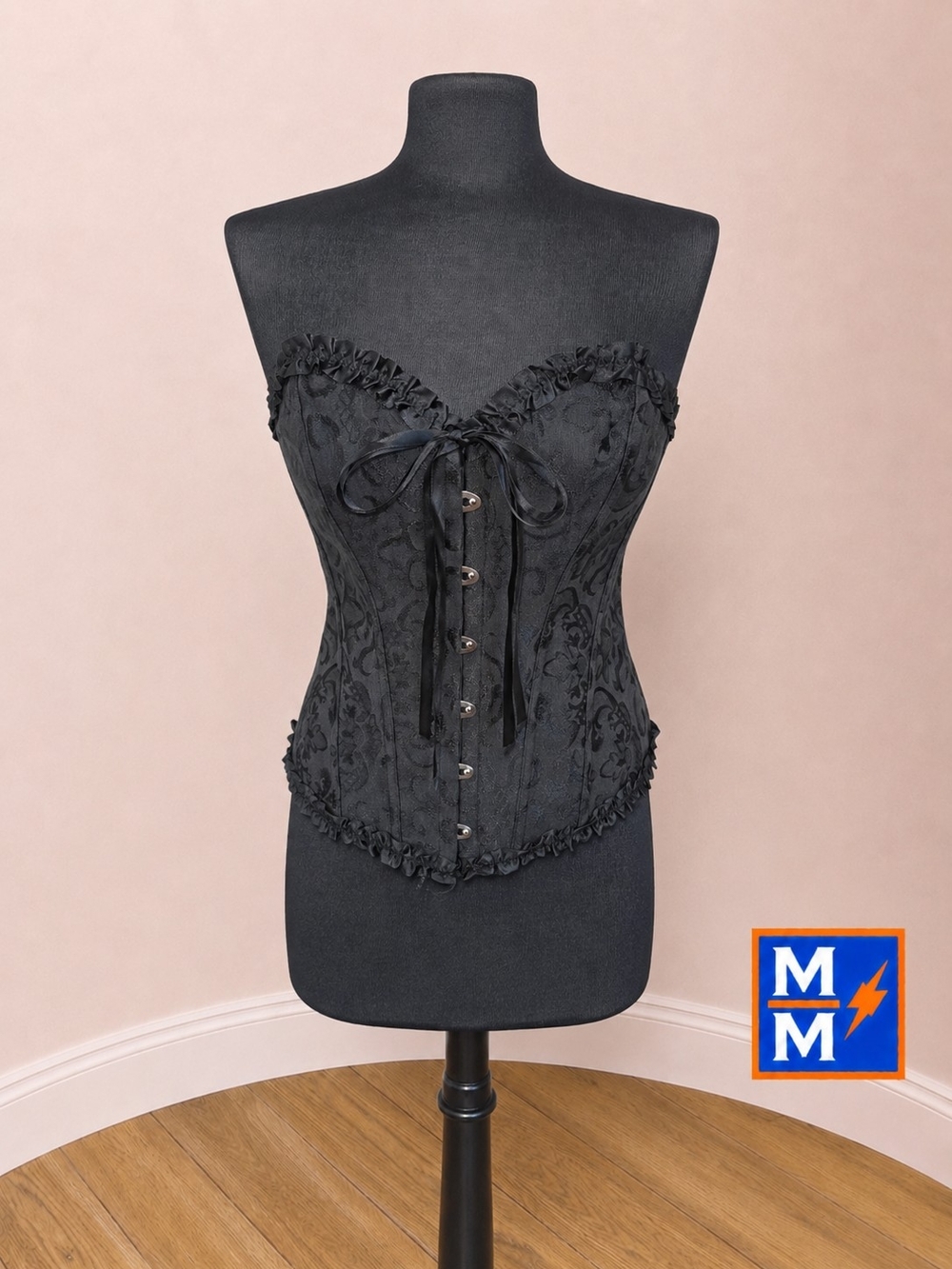 Black Brocade Corset Bustier Lace-Up Boned Strapless Gothic XL